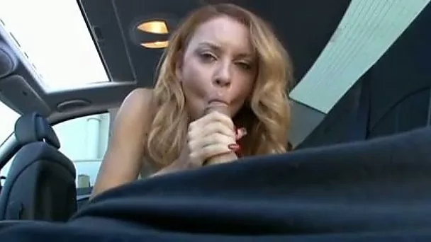 Blond haired pretty babe with juicy ass sucks and rides my dick in car