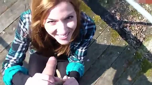 Red haired sweetheart of my buddy sucked his strong cock outdoors