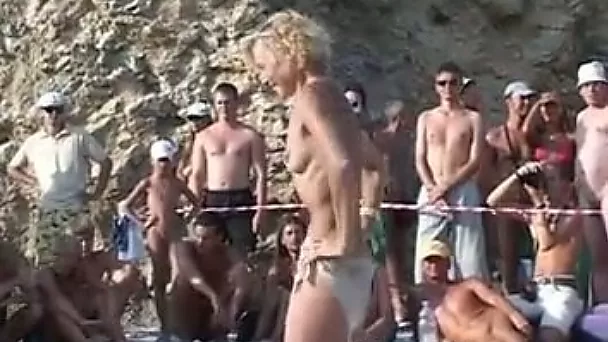 Nice nude dance party right on the beach with a sinful blonde hottie