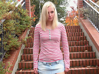 Fine blonde hottie walking down the stairs pisses when nobody sees her