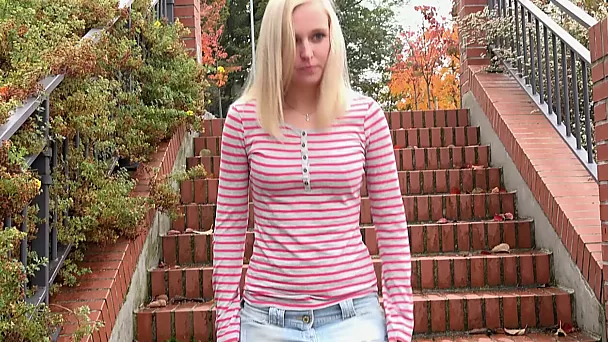 Fine blonde hottie walking down the stairs pisses when nobody sees her