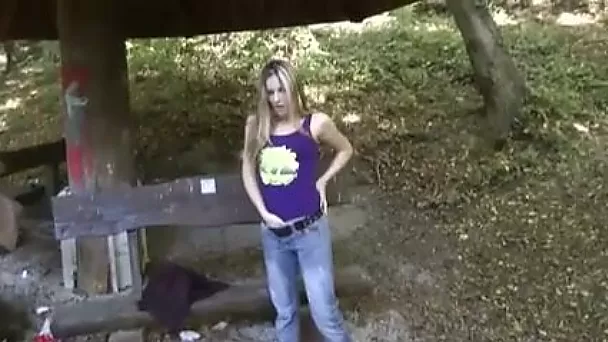 Pallid blondie with cute tight tits strips for my buddy before giving him BJ