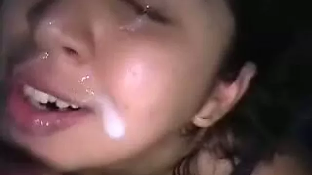 Fresh face of salty brunette teen gets cumshot after she gives a head