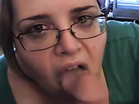 BBW in glasses looks straight in friend's eyes while sucking him dry