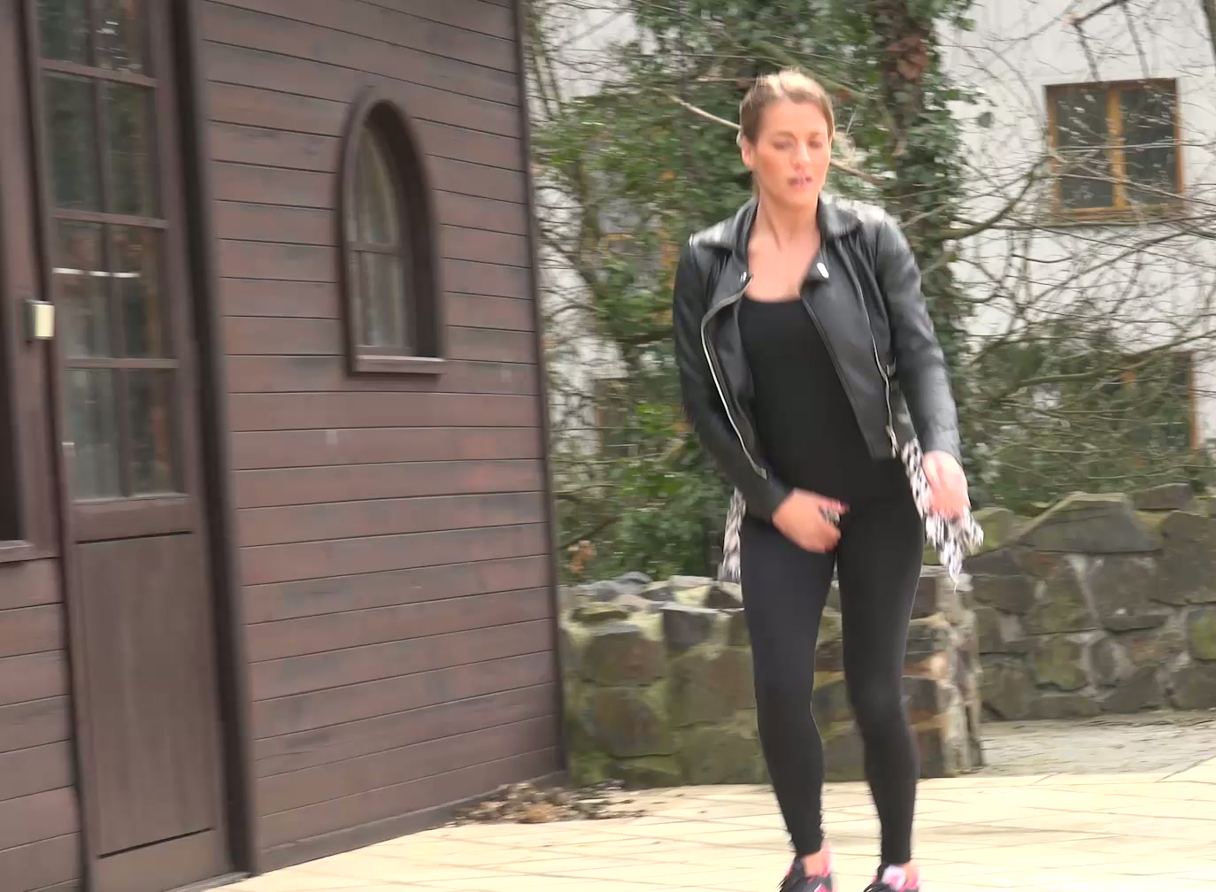 Lewd Shameless Brunette In Black Jacket Pisses Outdoors On The Street Video