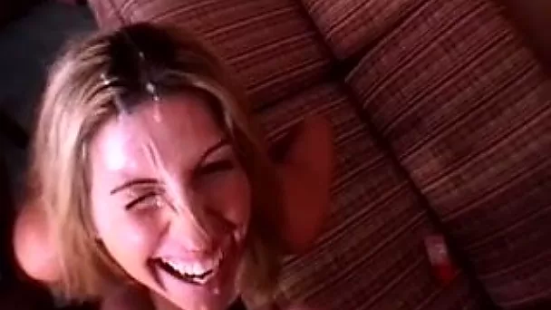 Light haired MILFie wife of my buddy gets messy facial cumshot after BJ