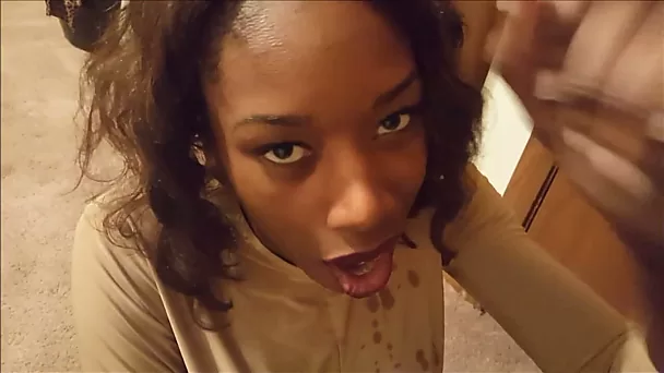 Bootyful pretty black girlfriend is so happy to suck my delicious cock