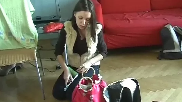Sexy teen flashes her round tits and cleans the room