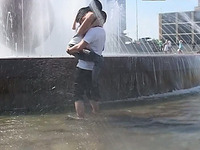 Russian chik Yulia has fun in fountain and gets her ass eaten at home