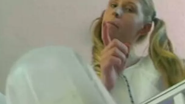 This pigtailed coed's pussy is finger licking good and she loves giving head