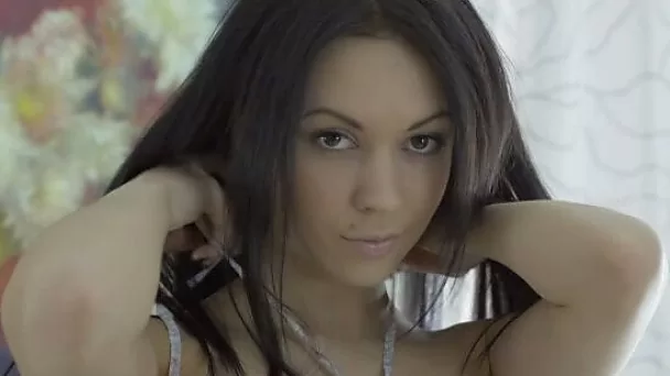 Lonely perfect long haired brunette babe masturbates her wet pussy