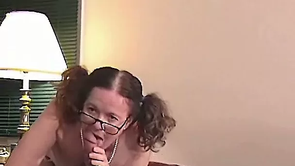 Lewd amateur chubby bitch in glasses is happy to suck delicious cock