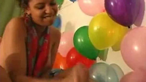 Cute ebony GF jerks me off and sucks my dick on her birthday party
