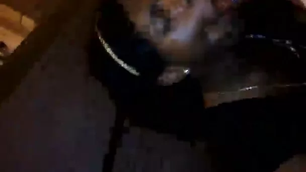 Dirty whore polishes my black tool standing on her knees