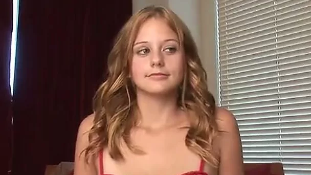 Blonde cutie in red nightie has a pink dildo to work on it a bit