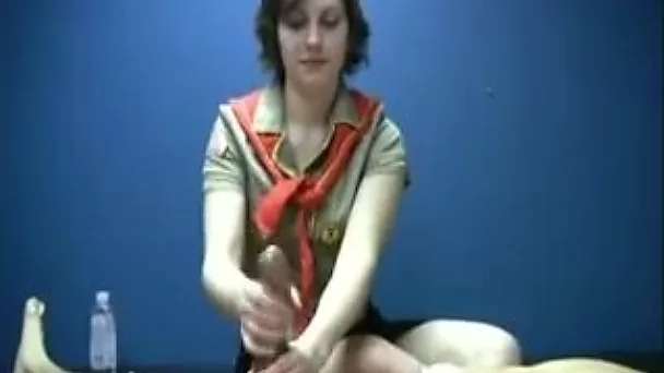 Short haired kinky bitch is happy to provide my submissive buddy with HJ