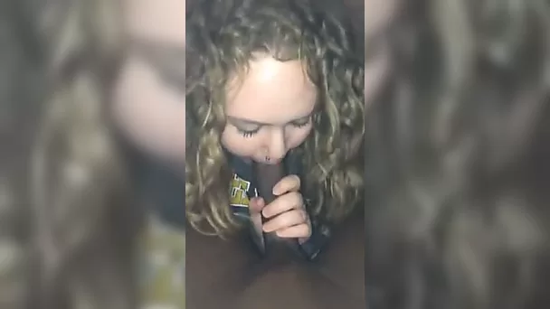 Curly white bitch gets absorbed with sucking my buddy's fat BBC
