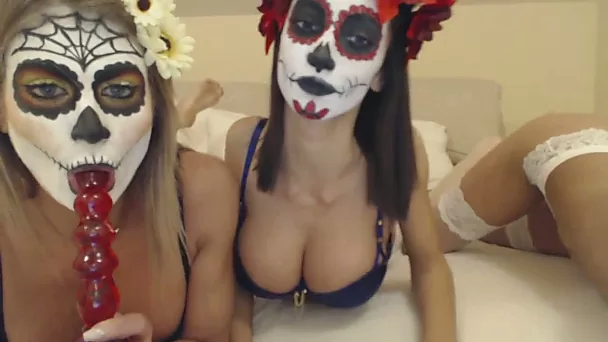 Naughty chicks with weird makeup go crazy while masturbating wet pussies