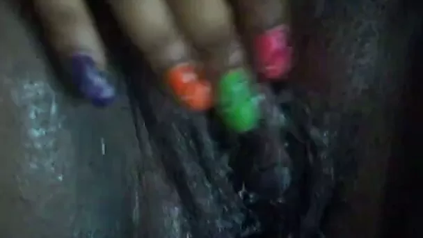 CLoseup amateur POV video when my ebony slut dildoed herself