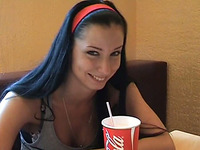 Seductive brunette Russian teen yulia sips coke and talks with her man