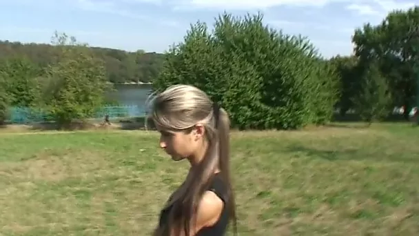 Sexy blonde teen walks around the village with her boy