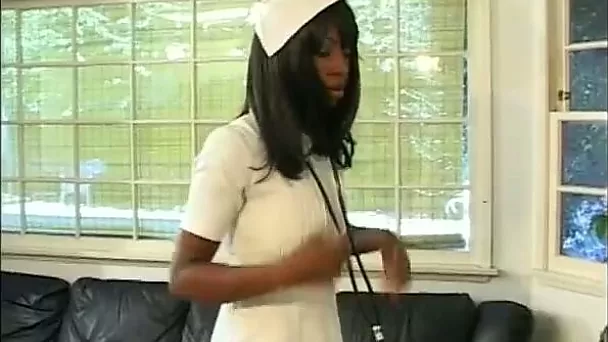 Lusty ebony nurse takes care of her patient with her mouth and pussy