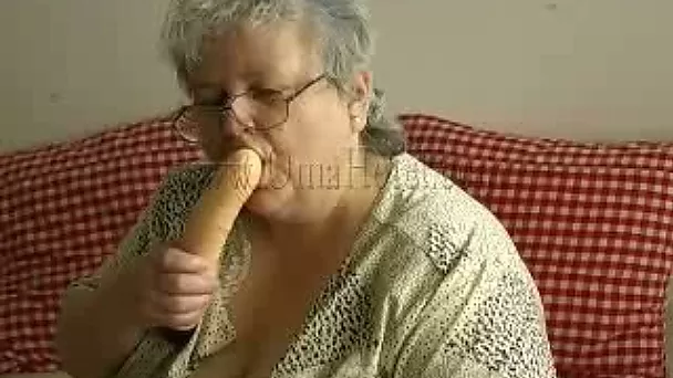 Obese BBW granny's home alone plays with big dildo