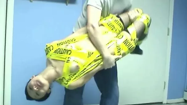 Petite and skinny pale skin Asian chick wrapped in tape