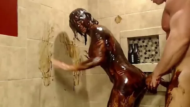 My girlfriend loves chocolate syrup and she loves fucking in the shower