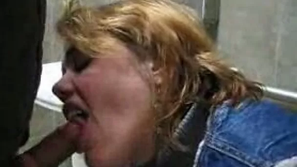 Slutty blonde cashier bitch sucks my big dick in the restroom