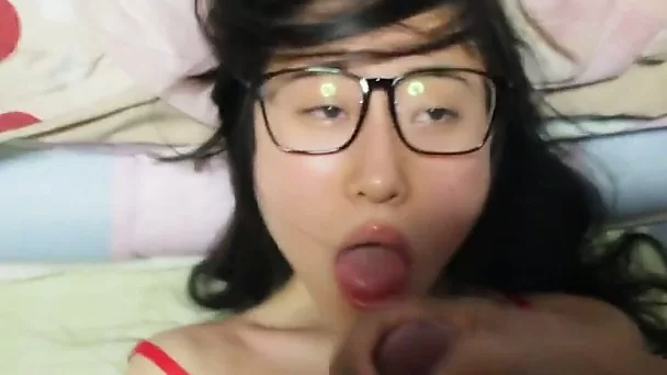 Cute girlfriend with glasses getting them all sticky