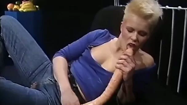 Salacious blond head chick bought monstrous masturbator and decided to taste it