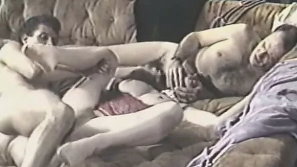 Two excited cocky white guys share one bosomy hoochie
