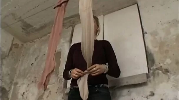 Funny shy blonde babe wanna dressing up a pantyhose
