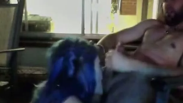 Blue haired slut blows my stiff cock and I please her saggy tits