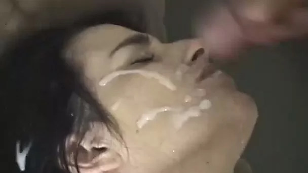 Gorgeous brunette MILF gets sprayed with sticky sperm