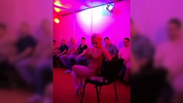Curvy blonde Hungarian stripper shakes her big tits at my party
