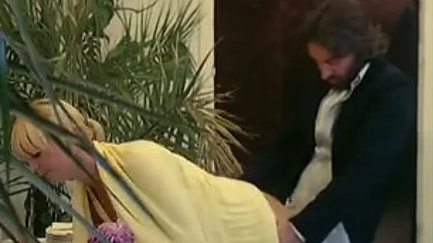 Slutty blonde babe in her sexy outfit got banged really hard from behind