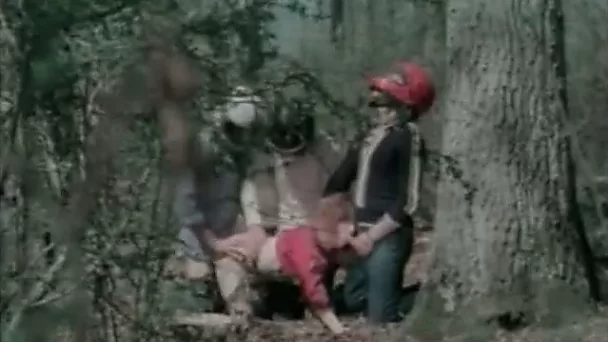 Horny studs attacked helpless red head whore in forest