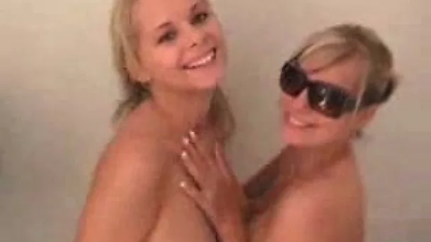 My fluffy girlfriend and my friend's wife take shower together