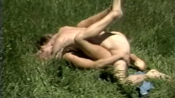 Slutty blondie whore with nice ass rides a cock on the grass
