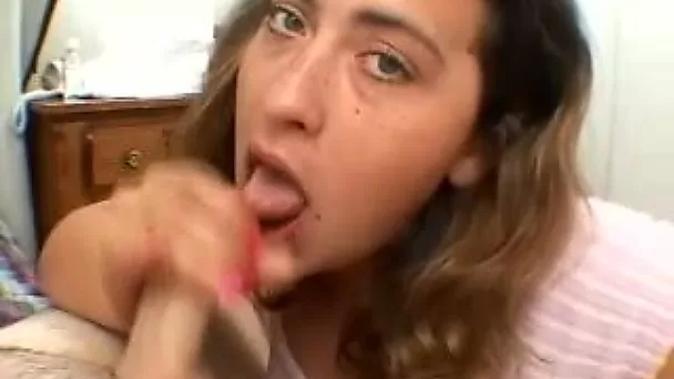 Blue eyed filthy lady of evening gives so-so blowjob to her guy