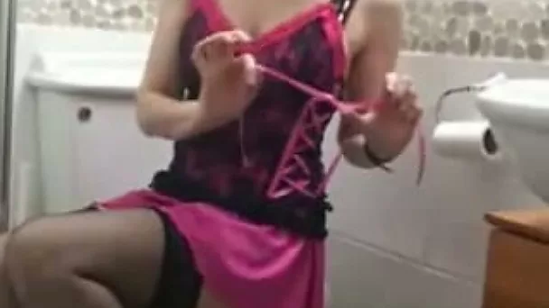 My playful light-haired wife getting naughty in a bathroom