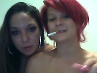 Duet of drunk redhead and brunette girls show off their juggs on webcam