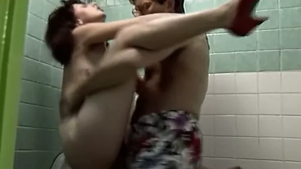 Slutty college student fucks her teacher in the toilet