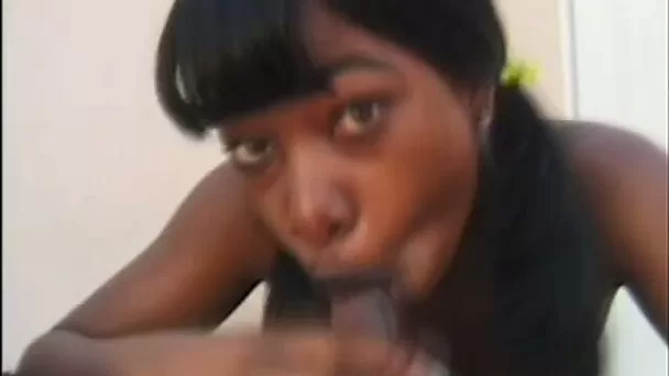 Pigtailed big bottomed black hottie provides black stud with a blowjob
