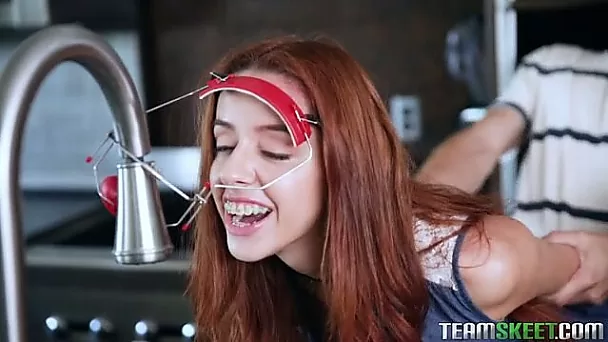 Natural redhead hot teen with teeth braces is nailed in the kitchen