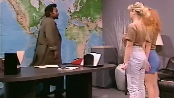 A blonde and a redhead show their blowjob skills in retro video