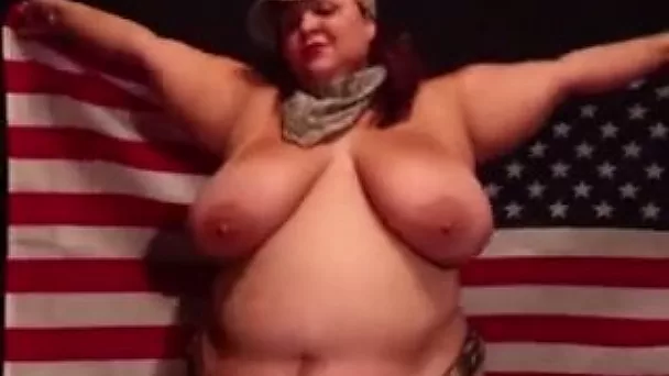 White trash BBW girlfriend hides her huge boobs under American flag