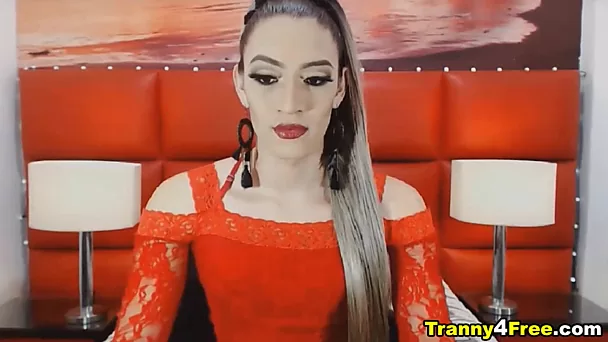 Sexy Latina Shemale Jerks Her Hard Cock
